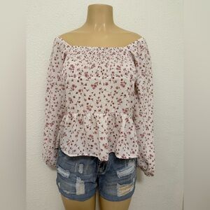 Paper Crane White and Pink Peplum Blouse Long Sleeve